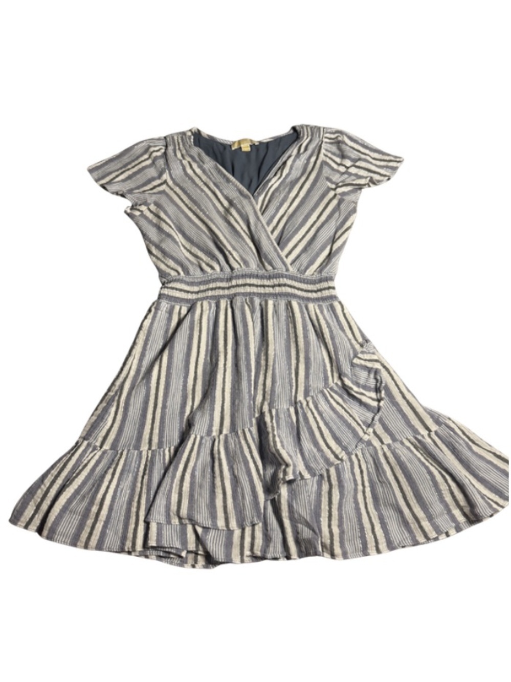 MICHAEL MICHAEL KORS Blue Smocked Ruffled Lined Striped Wrap Dress Large - Picture 3 of 13